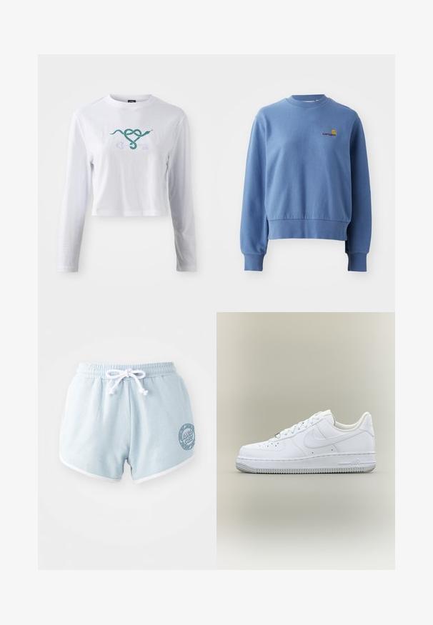Modrá bavlnená mikina s rebrovanými manžetami a lemom. Disponuje malým vyšívaným logom na hrudi. Klasický výstrih, voľný strih.; Biely crop top s dlhým rukávom z bavlny, s grafickým motívom zelenej hadice previazanou s dizajnom kľúča na prednej strane.; Svetlomodré šortky vyrobené z mäkkej látky s bielym šnúrkovým pásom, s bielym lemovaním a okrúhlym logom na boku.; Biela nízka teniska Nike Air Force 1 s šnúrkami, perforovanou špičkou a textúrovanou gumovou podrážkou na neutrálom pozadí.