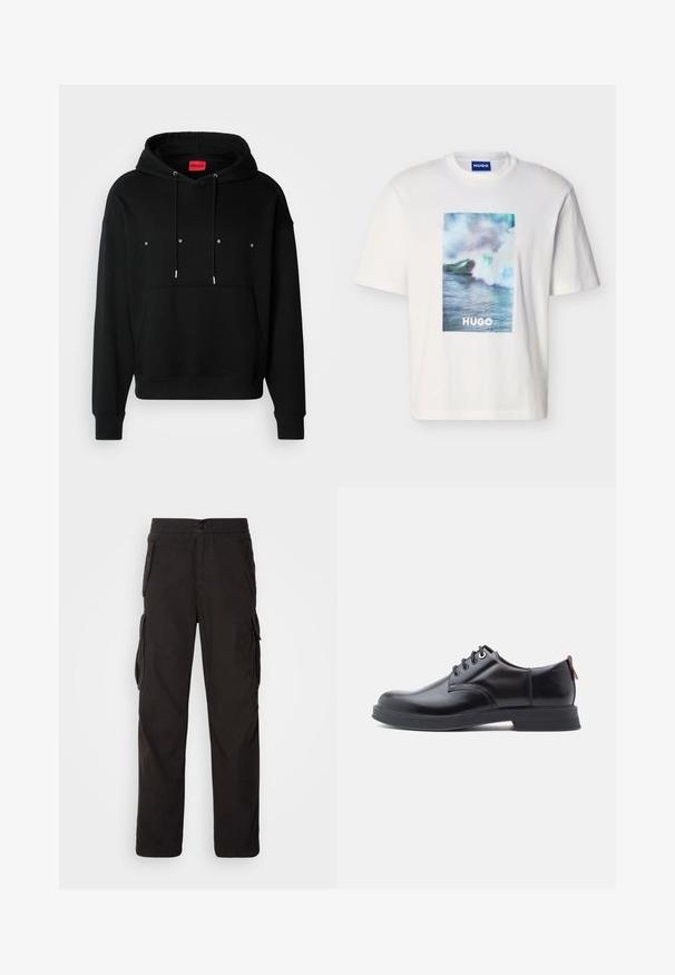 Sort hættejakke lavet af blødt stof med en kengurulomme, justerbare snoretræk og hvid "HUGO" tekst på forsiden.; Hvid T-shirt med korte ærmer med blå, grønne og hvide havbølger og teksten "HUGO" centreret på forsiden.; Sorte cargobukser med lige pasform, elastisk talje, flere sidelommer og et struktureret stof for holdbarhed.; Sorte snørestøvler i læder med glat tekstur, rundet tå og diskrete syningsdetaljer. Har en rød trækflig på hælen.