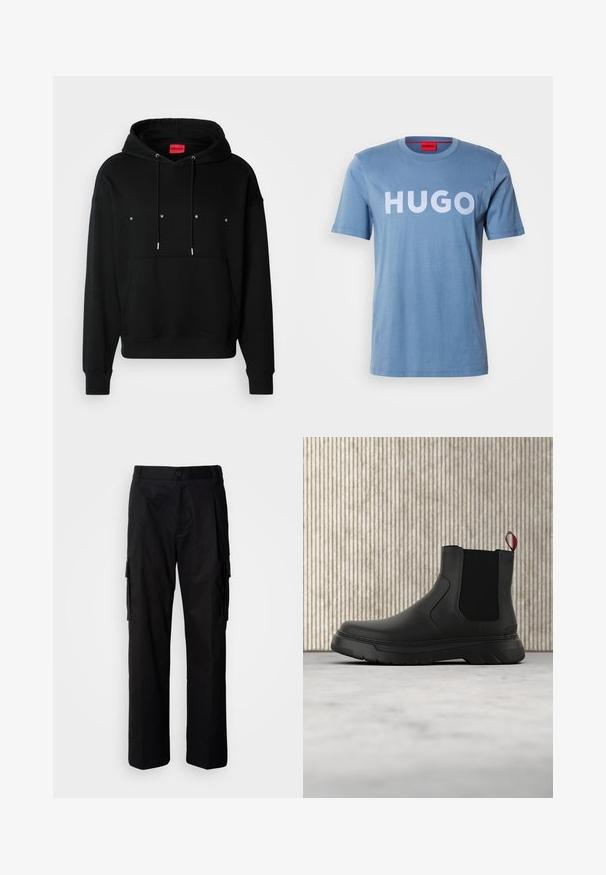 Sort hættejakke lavet af blødt stof med en kengurulomme, justerbare snoretræk og hvid "HUGO" tekst på forsiden.; Syrendelux bomulds T-shirt med korte ærmer, der har et stort hvidt "HUGO" logo på forsiden. Enkel rund halsudskæring, glat tekstur.; Sorte cargobukser med en afslappet pasform, der har sidelommer, knaplukning og glat, letvægtstof.; Sort ankelstøvle med en glat overflade, elastiske sidepaneler og en kontrasterende rød træksløjfe, der har en tyk gummisål og rund tå.