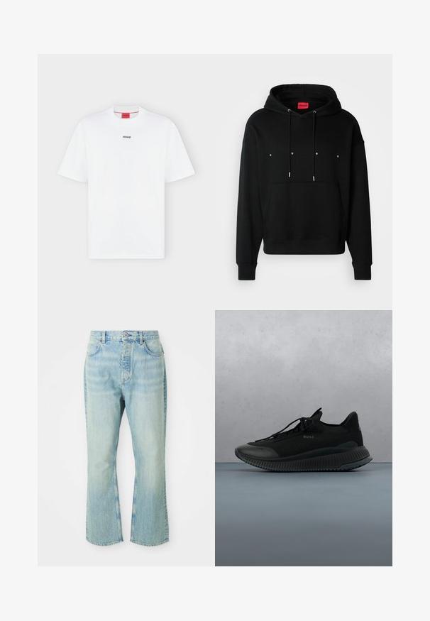 Schwarzer Hoodie aus weichem Material mit einer Kängurutasche, verstellbaren Kordeln und weißem "HUGO"-Text auf der Vorderseite.; Weißes T-Shirt mit kurzen Ärmeln und kleinem schwarzem "HUGO" Logo mittig auf der Brust und einem roten Etikett innen im Kragen.; Hellblaue, ausgestellte Jean mit hoher Taille, ausgestattet mit fünf Taschen, Gürtelschlaufen und einem ausgewaschenen Denim-Look.; Schwarzer Sportschuh mit einem Obermaterial aus Mesh, Gummisohle und Schnürdesign. Verfügt über eine strukturierte Oberfläche und dezente Markenkennzeichnung an der Seite.