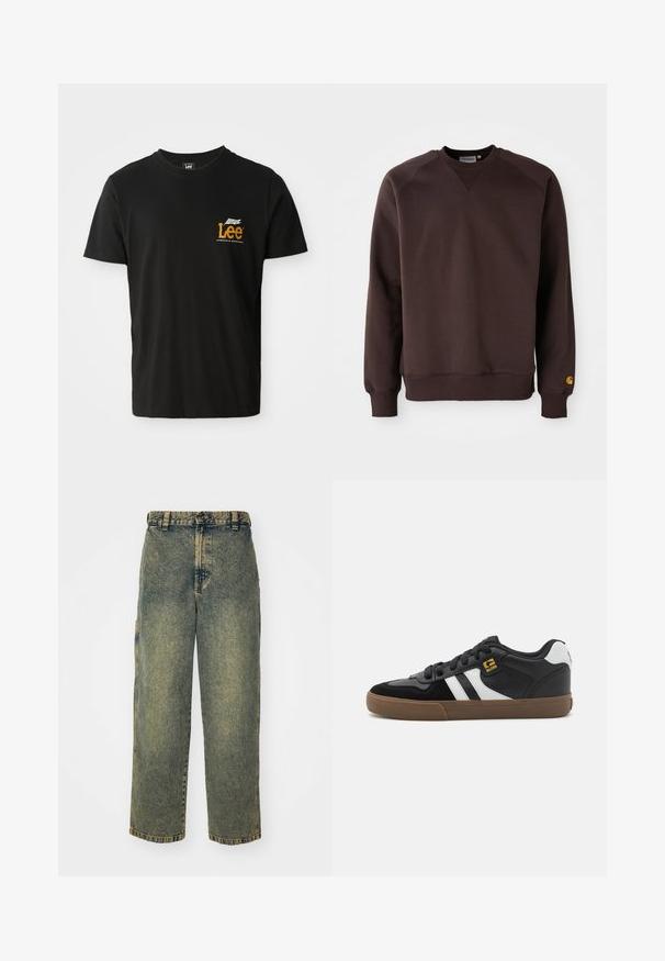 Brauner Baumwollpullover mit gerippten Bündchen und Saum, Rundhalsausschnitt und Raglanärmeln. Verfügt über ein kleines gelbes Logo am unteren Ärmel.; Schwarzes Baumwoll-T-Shirt mit kurzen Ärmeln, Rundhalsausschnitt, das ein kleines orange-weißes Grafiklogo im linken Brustbereich zeigt.; Baggy-Jeans aus Denim in einer verblassten Blauen und Grünen Waschung. Mit Knopfverschluss, Gürtelschlaufen und Seitentaschen. Flaches Vorderteil und gerades Bein-Design.; Schwarz-weiße Sneakers mit einem Obermaterial aus Wildleder und Leder, ausgestattet mit weißen Streifen, schwarzen Schnürsenkeln und einer braunen Gummisohle. Mit goldenen Logo-Akzenten.