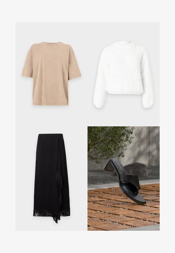 Pull en maille blanche texturée à manches longues, encolure ronde côtelée, et ourlet légèrement court sur un fond uni.; T-shirt beige surdimensionné en coton avec manches courtes, col rond et texture subtile. Ourlet droit sans motifs ni accents visibles.; Jupe portefeuille noire avec une finition texturée, dotée d'un ourlet à franges et d'un design drapé. Le tissu est lisse et s'écoule élégamment.; Sandale à talon noire Calvin Klein avec boucle pour l’orteil, posée sur un sol en carreaux de bois en extérieur, près d’un arbre et d’un mur en pierre.