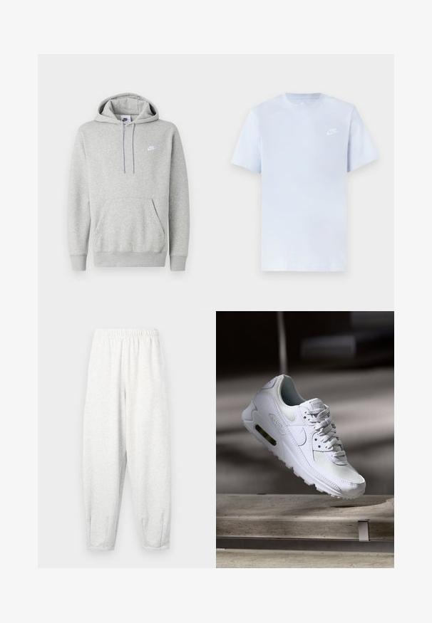 Lysegrå hættetrøje lavet af blødt stof, med kængurulomme, snørre i hætten og et lille hvidt logo på brystet.; Lyseblå bomulds t-shirt med korte ærmer, rund hals og et hvidt Nike-logo trykt på venstre bryst. Glat tekstur, simpelt design.; Lyse grå sweatsbukser lavet af blødt stof, med elastisk talje, tætsiddende ben og ankelmanchetter. Simpelt design uden mønstre.; Hvide Nike Air Max 90 sneakers med en overdel i mesh og læder, perforeret tåboks og en synlig luftenhed i hælen.