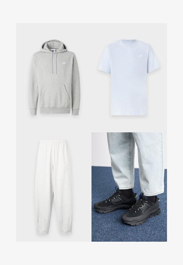 Sweat à capuche gris clair en tissu doux, avec poche kangourou, capuche à cordon de serrage et petit logo blanc sur la poitrine.; T-shirt en coton bleu clair avec des manches courtes, col rond, et un logo Nike blanc imprimé sur la poitrine gauche. Texture lisse, design simple.; Pantalons de survêtement gris clair en tissu doux, avec une taille élastique, des jambes fuselées et des poignets au niveau des chevilles. Conception simple sans motifs.; Des chaussures de sport noires avec un tissu texturé et des semelles en caoutchouc, dotées de lacets élastiques et d'un accent bleu au talon. Portées avec un pantalon en denim clair.