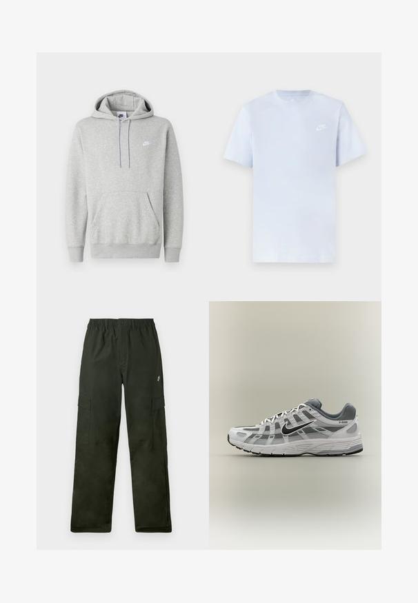 Hellgrauer Hoodie aus weichem Stoff mit Kängurutasche, Kapuze mit Kordelzug und kleinem weißem Logo auf der Brust.; Hellblaue Baumwoll-T-Shirt mit kurzen Ärmeln, Rundhalsausschnitt und einem weißen Nike-Logo, das auf der linken Brust gedruckt ist. Glatte Textur, schlichtes Design.; Cargo-Hosen aus dunkelgrünem Stoff mit elastischem Bund, ausgestattet mit zwei seitlichen Taschen und einem kleinen Logo auf der Vorderseite.; Weißer und grauer Nike P-6000 Sneaker mit schwarzem Swoosh, Netzpaneelen und strukturierter Sohle, seitlich auf neutralem Hintergrund dargestellt.