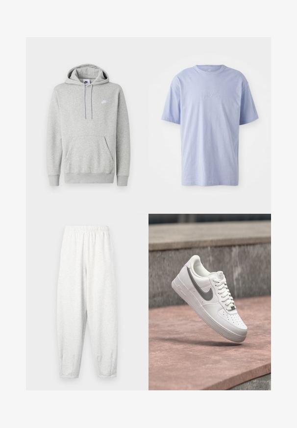 Lichtgrijze hoodie van zachte stof, met een buidelzak, capuchon met trekkoord en een klein wit logo op de borst.; Lichtblauwe katoenen T-shirt met een ronde hals en korte mouwen. Kenmerkt zich door een reliëf "nike" logo op het midden van de voorkant. Zachte textuur.; Lichtgrijze sweatpants gemaakt van zachte stof, met een elastische tailleband, taps tolopende benen en enkelmanchetten. Eenvoudig ontwerp zonder patronen.; Witte Nike Air Force 1 sneaker met grijs swoosh-logo zwevend boven een stenen oppervlak en een grijze stenen muur op de achtergrond.