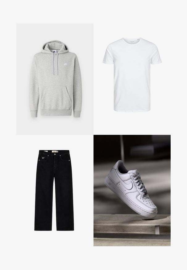 Sweat à capuche gris clair en tissu doux, avec poche kangourou, capuche à cordon de serrage et petit logo blanc sur la poitrine.; T-shirt à col rond à manches courtes de couleur blanche unie, fabriqué en coton doux, avec un design simple sans motifs ni accents visibles.; Jean noir droit avec un design classique à cinq poches et une fermeture par boutons, avec une étiquette « project blue » sur la petite poche avant et la ceinture.; La basket Nike Air Force 1 en cuir blanc présente un embout perforé, des lacets plats et une semelle en caoutchouc texturée avec le logo « AIR » sur le côté.