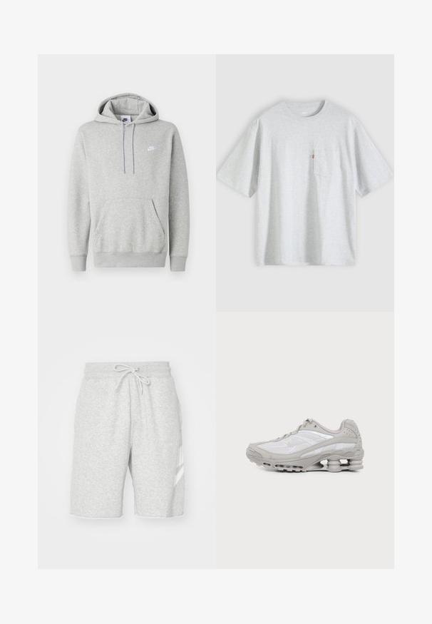 Sudadera con capucha de color gris claro hecha de tela suave, con un bolsillo tipo canguro, capucha con cordón y un pequeño logo blanco en el pecho.; Camiseta de manga corta color gris claro con cuello redondo y un pequeño bolsillo en el pecho en el lado izquierdo con una etiqueta roja.; Pantalones cortos de chándal gris para hombre, hechos de suave algodón, que cuentan con una cintura elástica con cordón, bolsillos laterales y un detalle de logo blanco.; Zapatilla deportiva gris y blanca con suela visible de amortiguación de aire y paneles de malla, mostrada de perfil sobre un fondo claro y sencillo.