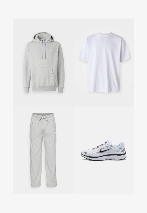 Sweat à capuche gris clair en tissu doux, avec poche kangourou, capuche à cordon de serrage et petit logo blanc sur la poitrine.; T-shirt en coton blanc avec un col rond et des manches courtes. Présente un logo subtil brodé de la même couleur sur la poitrine gauche.; Pantalon de survêtement gris clair en tissu doux. Dispose d'une taille élastique avec cordon de serrage et logo Nike en noir sur la cuisse gauche.; Baskets de course blanches avec une tige en mesh, bout arrondi, accents noirs et semelle à motif. Comprend des lacets et une marque sur le côté.