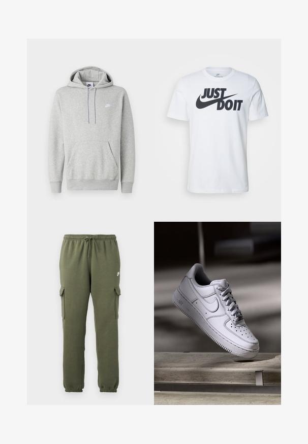 Lysegrå hættetrøje lavet af blødt stof, med kængurulomme, snørre i hætten og et lille hvidt logo på brystet.; Hvid bomulds T-shirt med et fremtrædende sort "Just Do It" logo og Nike swoosh. Klassisk crew neck design med korte ærmer.; Oliven grønne cargo bukser med elastisk talje, snorelukning, sidelommer og brandet logo på låret. Glat bomuldsblanding.; Hvid læder Nike Air Force 1 sneaker med perforeret tå, flade snørebånd og tekstureret gummisål med "AIR" branding på siden.