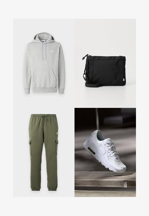 Hellgrauer Hoodie aus weichem Stoff mit Kängurutasche, Kapuze mit Kordelzug und kleinem weißem Logo auf der Brust.; Olivgrüne Cargo-Hosen mit elastischem Bund, Kordelzugverschluss, Seitentaschen und logo auf dem Oberschenkel. Glattes Baumwollmischgewebe.; Weiße Nike Air Max 90 Sneaker mit einem Obermaterial aus Mesh und Leder, durchlässigem Zehenbereich und einer sichtbaren Air-Einheit in der Ferse.; Schwarze Stoff-Schultertasche mit texturiertem Äußeren, verstellbarem Schultergurt und Kordelzugverschluss. Verfügt über auffällige Nähte und ein seitliches Etikett.