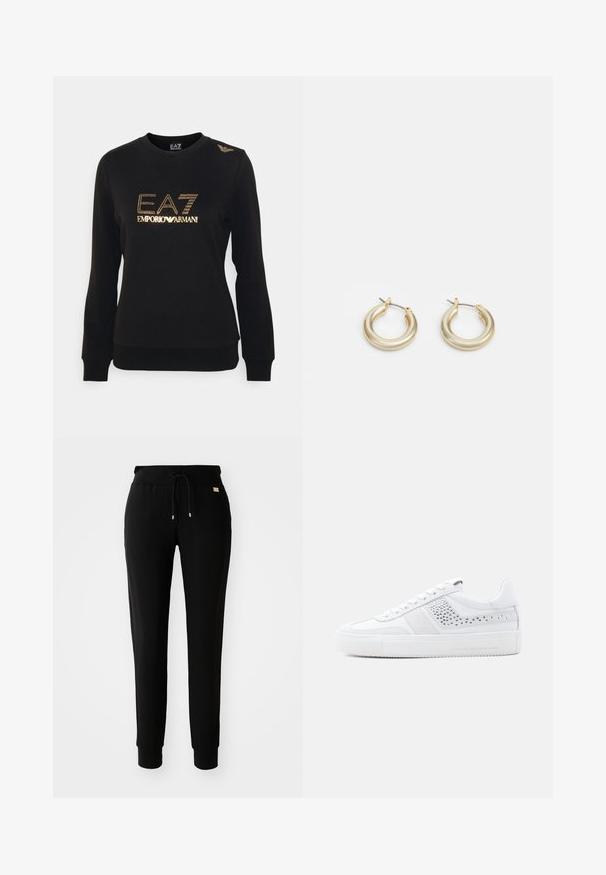 Sort sweatshirt lavet af bomuld, med et guldfarvet studs-logo "EA7 Emporio Armani" på fronten og en dekorativ detalje på skulderen.; Sorte tapered sweatpants med snøre i taljen og manchetter ved anklerne, præsenteret på en simpel hvid baggrund.; Hvid sneaker med øverste del i glat læder, ruskindsdetaljer, meshdetaljer og en struktureret gummisål. Inkluderer flade snørebånd og branding på siden.; Lauren Ralph Lauren BASIC SMALL HOOP - Øreringe - gold-coloured