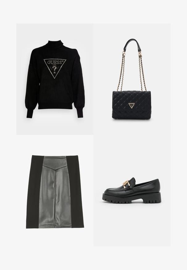 Sort pullover sweater med høj krave, løs pasform og ribstrikkede manchetter. Har et trekantet logo med metal accenter i midten.; Anna Field A-snit nederdel - black; Sorte læder loafers med en kraftig sål og guldhardware; har rund tå og syede detaljer langs overdelen.; Sort quiltet handtaske med et guld trekantet logo, udstyret med en dobbelt kædestropp og en glat læderoverflade. Rektangulær form med klaplukning.