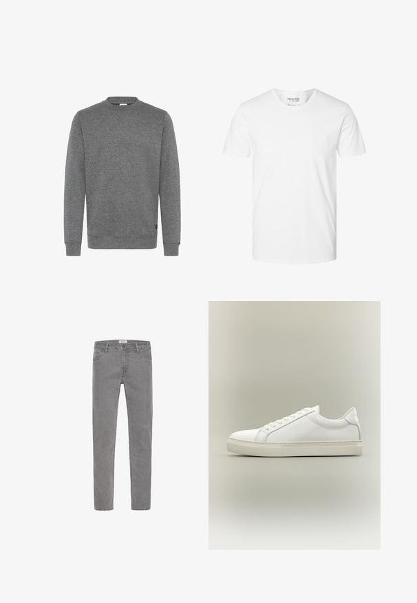 Grijze sweatshirt met ronde hals van gestructureerde stof. Heeft lange mouwen en ribgebreide boorden met een klein merklabel nabij de zoom.; Effen wit T-shirt met korte mouwen en ronde hals van biologisch katoen, merk Selected Homme, maat large.; Grijze denim jeans met een rechte pasvorm. Voorzien van vijf zakken, riemlussen en een knoopsluiting aan de voorkant. Soepele textuur, minimalistisch design.; Witte lage sneaker met veters aan de voorkant en dikke zool, zijaanzicht tegen een neutrale achtergrond.
