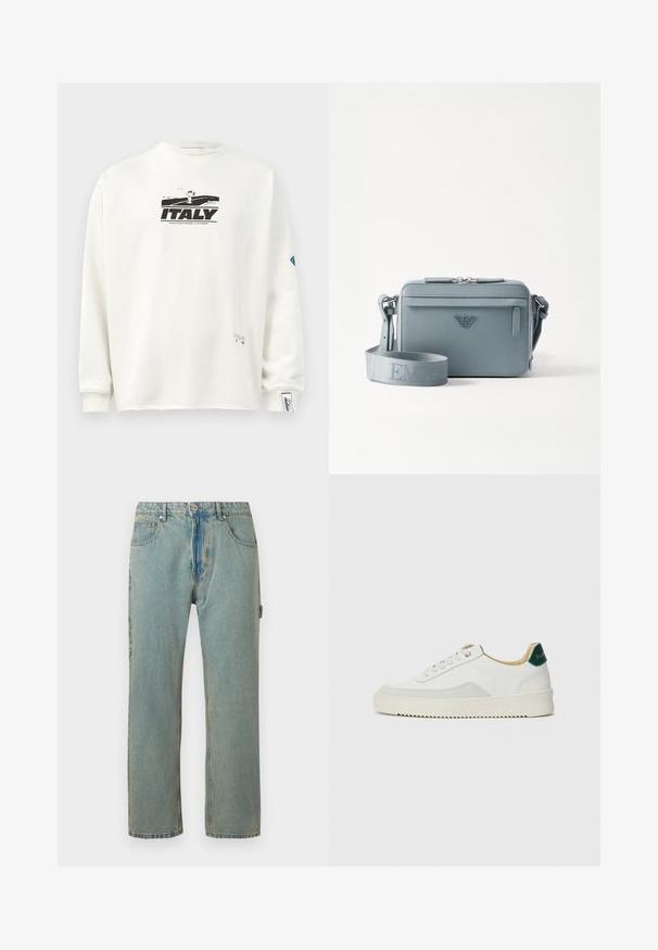 Witte lange mouwen sweatshirt met een zwart grafisch print van "ITALIE" en een karakter, met een textuurstof en geribde manchetten.; Lichtblauwe, loszittende denim jeans met vijf zakken, een knoopsluiting en zichtbare stiksels. De stof heeft een vervaagde, gestructureerde uitstraling.; Witte sneaker met suède accenten, ronde neus, platte veters en een crème rubberen zool. Bevat groene branding op de hiel.; Blauwe gestructureerde crossbody tas van textuurmateriaal, met een ritsluiting, een voorvak en een verstelbare schouderband met "EMPOR" branding.