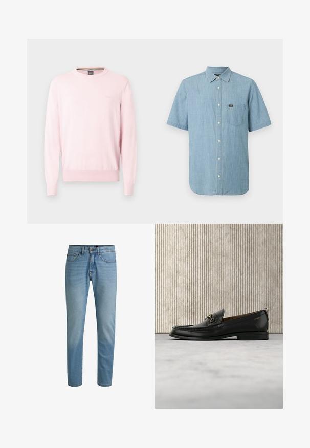 Lyserød langærmet sweater med rund hals, ribstrikkede manchetter og kant, diskret "BOSS"-logo broderet på brystet og etiket indeni kraven.; Lyseblå kortærmet skjorte med knapper, krave og enkelt brystlomme med et lille sort mærke.; Lyseblå denimjeans med lige ben, design med fem lommer og let falmning. Har knaplukning og bæltestropper.; Sort læderloafers med guldfarvet metaldekoration og "HUGO" branding, vist mod en beige tæppe og brunt gennemsigtigt møbel.