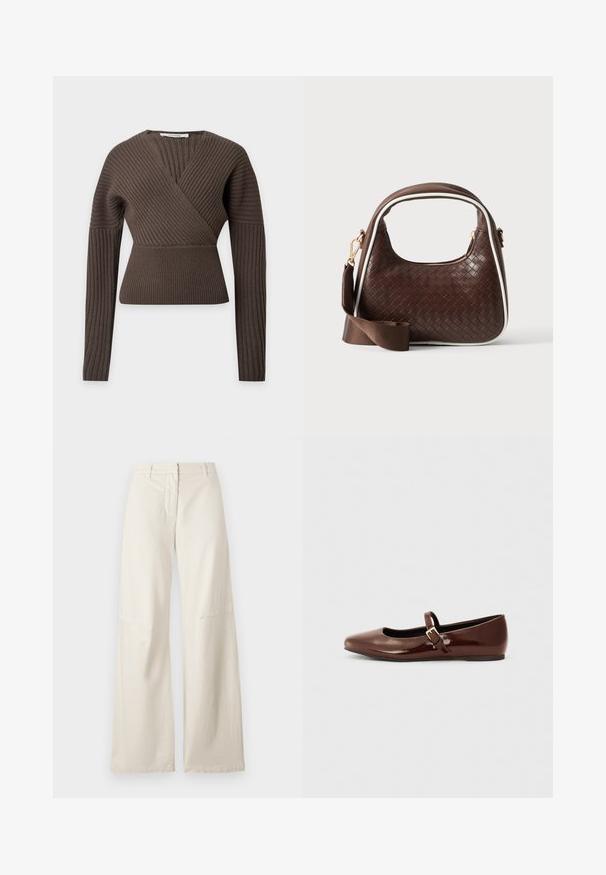 Brauner, gerippter Strickpullover mit langen Ärmeln und einem Wickelstil V-Ausschnitt, figurbetont an der Taille.; Weite Hose aus cremefarbenem Baumwollstoff. Merkmale sind eine hohe Taille, ein strukturiertes Design und minimale Nahtdetails. Flatter Vorderseite mit Taschen.; Braune Lackleder-Ballerinas mit quadratischer Zehenform und Riemen mit einer kleinen goldenen Schnalle. Glatte Textur, niedriger Absatz und minimalistisches Design.; Braune gewebte Lederhandtasche mit weißer Paspel, goldenem Reißverschluss und abnehmbarem braunem Stoff-Schulterriemen.