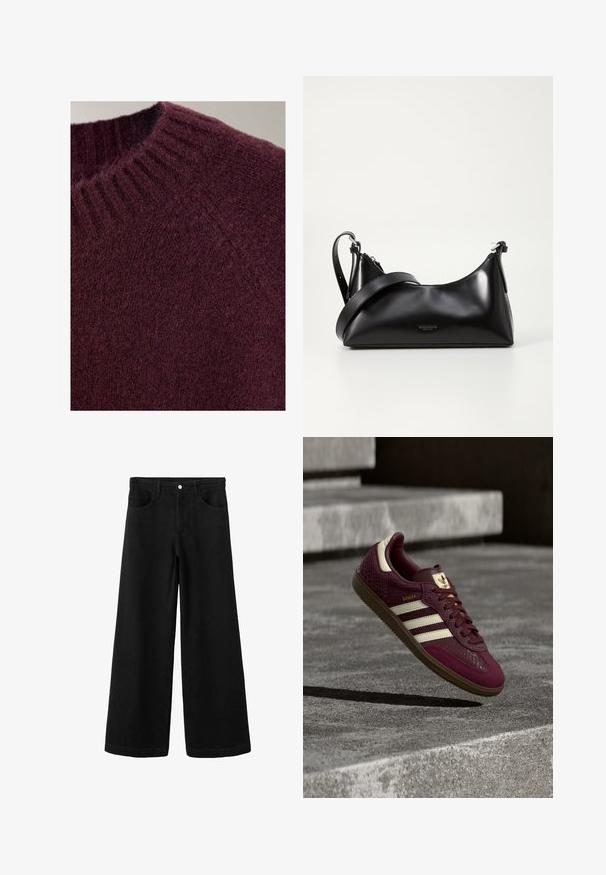 Gros plan d’un pull en maille douce de couleur violet foncé, montrant l’encolure ronde côtelée et le tissu texturé.; Pantalon large en denim noir à taille haute, doté de poches avant, d'une fermeture à boutons et d'une texture lisse sans usure apparente.; Baskets bordeaux en cuir texturé, avec trois bandes blanches et des accents dorés. Semelle en caoutchouc, design classique Samba, et détails en mesh respirant.; Sac à main en cuir noir avec une texture lisse. Dispose d'une bandoulière adjustable et d'un design élégant et minimaliste avec une fermeture éclair.