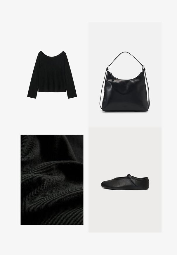 Sort langærmet sweater med en bred, let sænket udskæring og en lige kant forneden.; Sorte ribbet stof med en struktureret overflade, der fremhæver subtile folder og kurver. Materialet ser let og fleksibelt ud.; Sort flad sko med en enkelt tynd rem over vristen og små perforerede huller på siden, vist i sidevisning.; Ung kvinde med langt sort hår sidder på en træklods iført en cremet outfit og holder en sort læder skuldertaske over brystet.