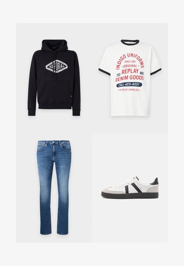 Hoodie in charcoalgrijs, gemaakt van zacht materiaal, met een voorzak en een opvallend wit logo op de borst. Regular fit met een trekkoord.; Wit katoenen T-shirt met navy kraag en boorden, voorzien van rode en blauwe grafische tekst, waaronder "INDIGO UNIFORMS" en "BEL 423-9251."; Blauwe denim jeans met een rechte snit, voorzien van lichte vervaging, vijf zakken en een knoop-en-rits sluiting. Genaaide details langs de naden.; Witte sneaker met zwarte en grijze accenten, voorzien van een grijze neus met textuur, zwarte rubberen zool en platte witte veters. Schoon ontwerp, minimalistische stijl.