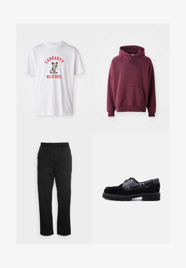 Burgundy hoodie lavet af blødt stof, med en kængurulomme, snoretræk i hætten og broderet "Carhartt" logo på forsiden.; Hvid bomulds t-shirt med røde broderede tekst "CARHARTT WILD DOGS" og en tegneseriehund grafik foran. Korte ærmer, rund halsudskæring.; Sorte bomuldsbukser med elastisk talje, lige ben og sidelommer. Glat tekstur uden mønstre eller accenter.; Sort læder- og ruskinds bådsko med tyk mønstret sål, snørehuller og sidesøm på ensartet lys baggrund.