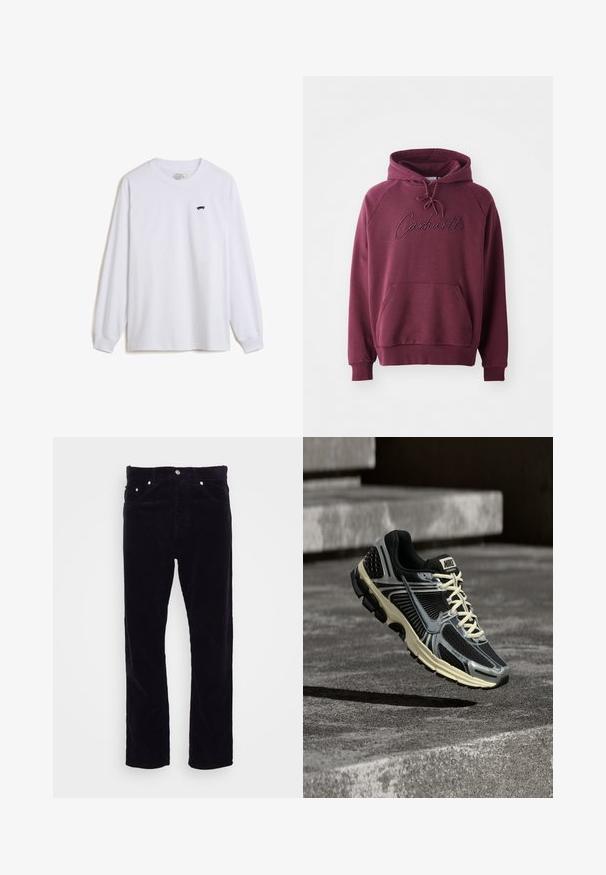 Burgundy hoodie lavet af blødt stof, med en kængurulomme, snoretræk i hætten og broderet "Carhartt" logo på forsiden.; Hvid langærmet t-shirt i bomuld med et lille sort skateboardgrafik på venstre bryst og ribbede manchetter.; Carhartt WIP NEWEL PANT - Bukser - dark navy; Sort og grå Nike-løbesko med cremefarvede snørebånd, der svæver over en tekstureret betonoverflade.