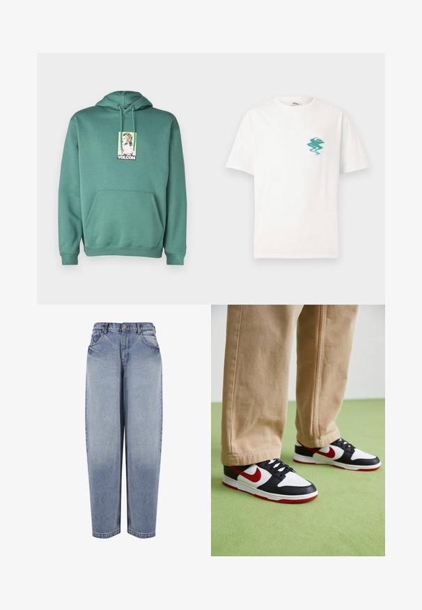 Volcom NODER - Jersey con capucha - sea green; Camiseta blanca de manga corta con un pequeño logo abstracto de ola y montaña en verde a la izquierda del pecho, sobre un fondo liso.; Vaqueros azules de mezclilla de tiro alto y corte holgado, con bolsillos delanteros, trabillas para cinturón, cierre de botones y detalles desgastados a lo largo de las piernas.; Las zapatillas Nike Dunk presentan un diseño de cuero negro con acentos rojos y un swoosh blanco. La suela es roja, con una puntera blanca texturizada.