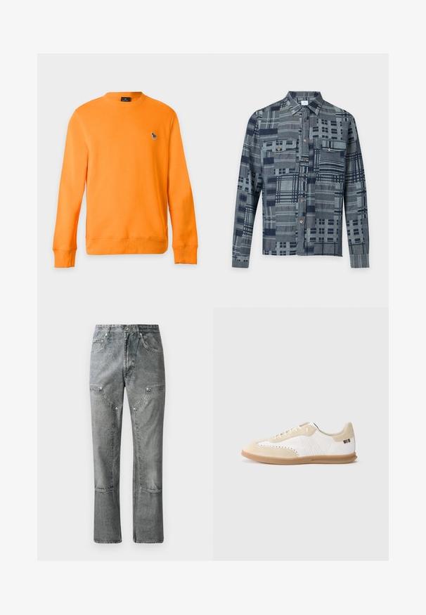Sweat-shirt orange à manches longues et col rond avec un petit logo zèbre brodé sur le côté gauche de la poitrine sur fond uni.; Chemise à manches longues avec boutons, motif patchwork à carreaux gris et bleu foncé, avec deux poches poitrine boutonnées.; Jean en denim gris à coupe droite, avec poches avant, coutures visibles et finition décolorée. Le matériau a une texture lisse.; Baskets blanches avec accents en daim beige clair, détails perforés, lacets plats et semelle en caoutchouc naturel. Présentent un logo rayé sur le talon.