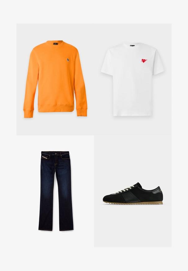 Orangefarbenes Sweatshirt mit langen Ärmeln und Rundhalsausschnitt, mit kleinem gesticktem Zebra-Logo auf der linken Brust vor schlichtem Hintergrund.; Weißes Baumwoll-T-Shirt mit Rundhalsausschnitt und kurzen Ärmeln, das auf der linken Brust ein kleines rotes Herz mit einem Pfeil-Graphic zeigt.; Dunkelblaue Jeans aus Denim mit geradem Bein, ausgestattet mit orangefarbenen Nähten, einem Reißverschluss und Vordertaschen. Glatte Textur und Standardbund.; Schwarzer Low-Top-Sneaker mit weißen Schnürsenkeln, strukturierter brauner Sohle und Lederdetails vor schlichtem grauem Hintergrund.