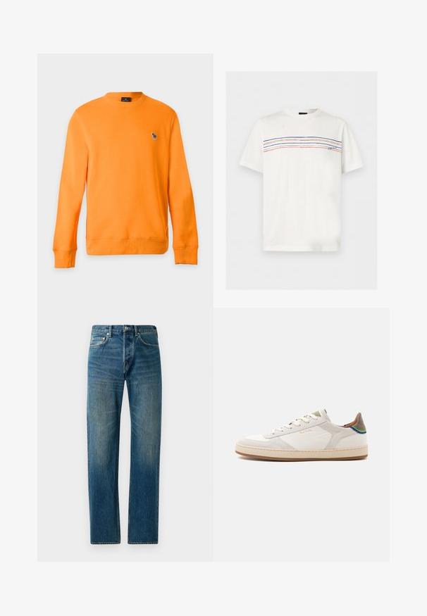 Orangefarbenes Sweatshirt mit langen Ärmeln und Rundhalsausschnitt, mit kleinem gesticktem Zebra-Logo auf der linken Brust vor schlichtem Hintergrund.; Weißes T-Shirt mit kurzen Ärmeln und Rundhalsausschnitt, das horizontale blaue, orange und rote Streifen über der Brust und einen kleinen Logo-Schriftzug auf der rechten Seite aufweist.; Blaue Denim-Jeans im Straight-Leg-Design, ausgestattet mit einem Fünf-Taschen-Stil, dezenten Verwaschungen und kontrastierenden Nähten.; Weißer Sneaker mit niedriger Silhouette, beiger Sohle, Schnürung vorne, grün-blauem Detail an der Ferse und dezentem goldfarbenem "Paul Smith"-Logo an der Seite.