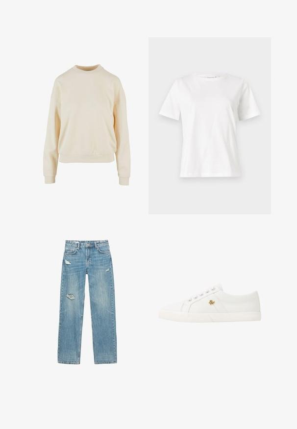 Cremefarvet crewneck sweatshirt med lange ærmer, en afslappet pasform, ribbede manchetter og en glat tekstur, der fremhæver enkelhed i designet.; Hvid bomulds t-shirt med korte ærmer, rund halsudskæring og en afslappet pasform. Glat tekstur, ingen mønstre eller accenter, minimalistisk design.; Lyseblå, straight-leg jeans lavet af denim. Har sammensmeltede huller på fronten, falmede tekstur og fem lommer med metalhardware.; Lauren Ralph Lauren JANSON II CANVAS SNEAKER - Sneakers - optic white
