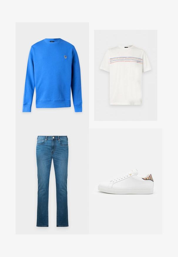 Sweat-shirt bleu à manches longues avec col rond et petit logo zèbre multicolore sur la poitrine gauche sur fond blanc uni.; T-shirt blanc à manches courtes avec col rond présentant des rayures horizontales bleu, orange et rouge sur la poitrine et un petit texte de logo sur le côté droit.; Jean bleu droit avec cinq poches et fermeture par bouton, présenté sur un fond blanc.; Baskets en cuir blanc avec une finition lisse, présentant un accent rayé coloré au niveau du talon, des œillets dorés et une semelle blanche plate.