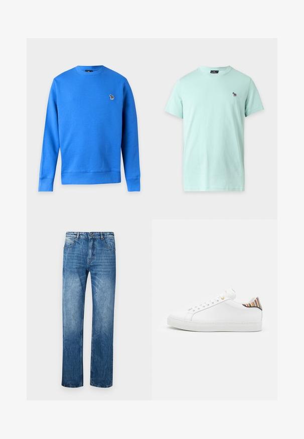 Blauwe sweatshirt met lange mouwen en ronde hals met een klein meerkleurig zebralogo op de linkerborst tegen een effen witte achtergrond.; Lichtblauw T-shirt met korte mouwen en ronde hals met een klein kleurrijk geborduurd zebra-logo op de linkerborst.; Blauwe spijkerbroek met een rechte snit, voorzien van vijf zakken, riemlussen en subtiele vervaging over de stof.; Witte leren sneaker met een gladde afwerking, voorzien van een kleurrijke gestreepte accent op de hiel, gouden oogjes en een vlakke witte zool.