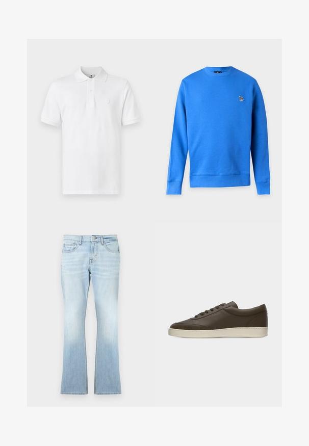 Blå langærmet sweatshirt med rund hals og lille flerfarvet zebralogo på venstre bryst mod en ensartet hvid baggrund.; Hvid polo shirt lavet af bomuld, med en klassisk krave, korte ærmer og et diskret logo broderet på brystet.; Lyseblå vidde jeans lavet af denim. Har fem lommer, knap- og lynlås-lukning, med falmning mod kanten.; Low-top mørkebrun lædersneaker med snørelukning foran og cremefarvet gummisål, vist fra ydersiden mod hvid baggrund.