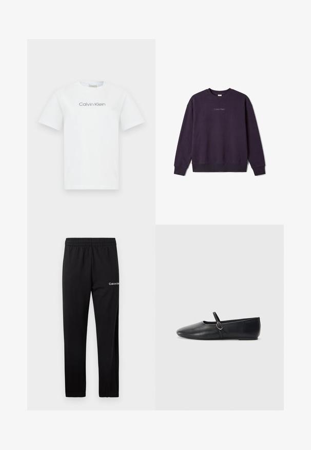 Sweat-shirt violet foncé à manches longues avec col rond, poignets et bas en côte, avec petit texte blanc du logo Calvin Klein centré sur la poitrine.; T-shirt en coton blanc avec col rond et manches courtes. Il affiche le texte "Calvin Klein" en gris sur la poitrine.; Pantalon de jogging noir Calvin Klein avec taille élastique et logo blanc sur la partie supérieure de la cuisse gauche, présenté sur un fond blanc.; Ballerines noires en cuir avec un bout pointu, une semelle plate et une petite sangle avec un détail de boucle en argent.