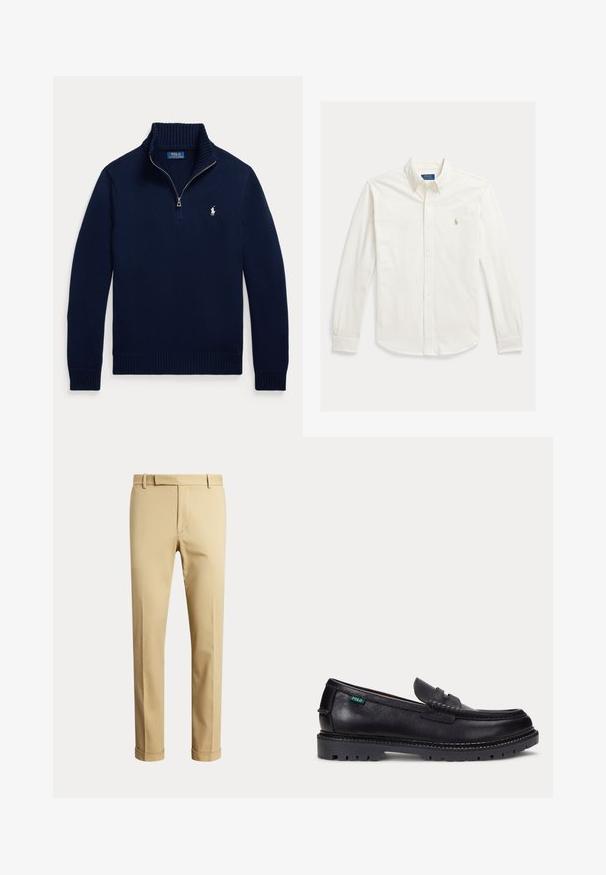 Tmavomodrý sveter s dlhými rukávmi, polovičným zipsom na golieri a malým bielym logom Polo Ralph Lauren na ľavej strane hrude.; Biela košeľa s dlhým rukávom na gombíky s golierom a vyšívaným logom Polo Ralph Lauren na ľavej strane hrudníka.; Béžové nohavice s rovnými nohavicami, pútkami na opasok, predným zipsom a ohrnutými lemami, zobrazené na jednofarebnom svetlom pozadí.; Čierny kožený mokasín s hrubou drsnou podrážkou a malou zelenou značkou "Polo" na vonkajšej strane pri päte.