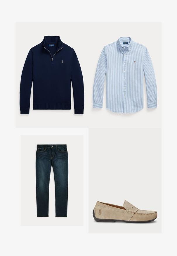 Marineblauwe trui met lange mouwen, halve ritskraag en klein wit Polo Ralph Lauren-logo op de linkerborst.; Lichtblauw overhemd met lange mouwen, witte verticale strepen en een klein geborduurd Polo Ralph Lauren-logo op de linkerborst.; Donkerblauwe slim-fit jeans met lichte vervaging en vijfzakkenontwerp, plat gelegd op een witte achtergrond.; Beige suède instappers met een gestikt detail, platte rubberen zool en een klein logo aan de zijkant. Klassiek instapontwerp, zachte textuur.