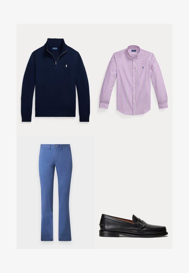 Tmavomodrý sveter s dlhými rukávmi, polovičným zipsom na golieri a malým bielym logom Polo Ralph Lauren na ľavej strane hrude.; Košeľa s dlhým rukávom na gombíky s fialovými a bielymi vertikálnymi pruhmi a malým vyšívaným logom na hrudi.; Modré nohavice z bavlnenej zmesi so strihom rovného nohavice, zapínaním na gombík, funkčnými vreckami a hladkou textúrou. Jednoduchý a univerzálny štýl.; Čierny kožený mokasín s nízkym podpätkom a detailom s penny remienkom, zobrazený z boku na svetlosivom pozadí.