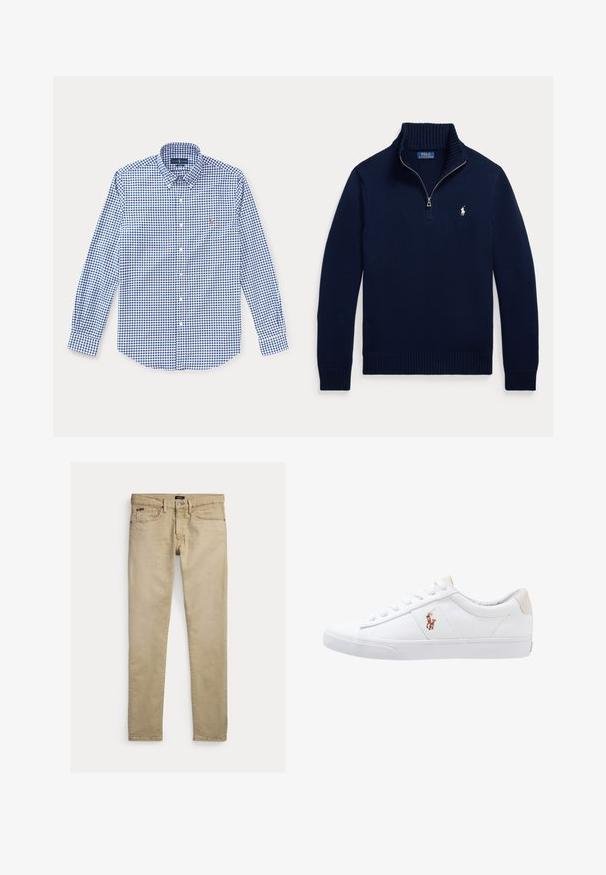 Marineblå langærmet sweater med halvlange lynlås krave og lille hvid Polo Ralph Lauren-logo på venstre bryst.; Blå og hvid ternet langærmet skjorte med krave og lille broderet logo på venstre bryst.; Beige slim-fit bukser med forlommer, bæltestropper og knaplukning, lagt fladt på en hvid baggrund.; Hvide kanvas sneakers med lågtop design, prydet med en beige hælkappe og et lille broderet logo på siden. Gummisål.