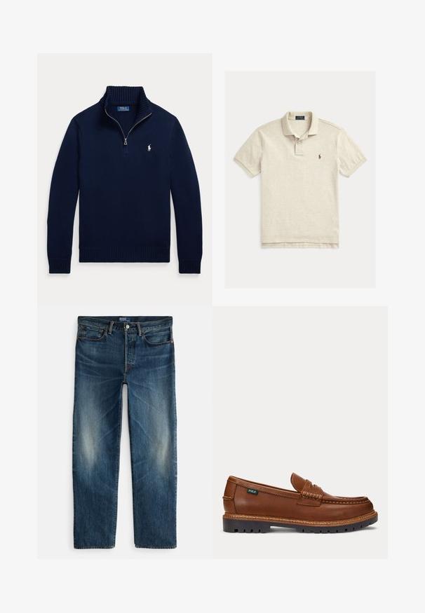 Marineblauwe trui met lange mouwen, halve ritskraag en klein wit Polo Ralph Lauren-logo op de linkerborst.; Beige polo met korte mouwen, kraag, twee knopen sluiting en een klein donkerbruin geborduurd logo op de linkerborst.; Indigoblauwe denim jeans met een rechte pijp, vijfzakkenmodel en subtiele vervaging op de dijen. Voorzien van een metalen knoop en ritssluiting.; Bruine leren loafer met gestikte details, robuuste zwarte zool en klein "Polo"-label aan de zijkant.