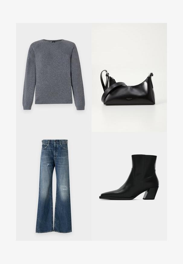 Pieces PCBREE O NECK - Džemper - dark grey melange; Tumedat denim püksid laia säärega, millel on kulunud disain frakside ja kerge pleekimisega. Klassikaline viie-tasku stiil.; Must must jalatsid mustast nahast, terava ninaga, stiilne siluett ja jäme ruudukujuline konts. Sile tekstuur, millel on minimaalsed õmblemise detailid.; Mustmust nahkaga kott sileda tekstuuriga. Omab reguleeritavat rihma ja sujuvat, minimalistlikku disaini, millel on lukuga sulgemine.