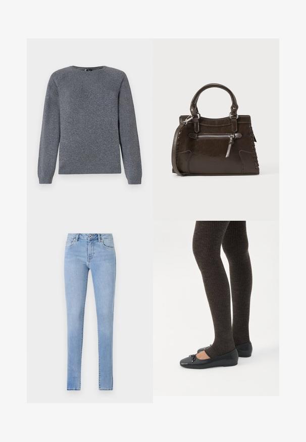 Pieces PCBREE O NECK - Neule - dark grey melange; Vaaleansiniset farkut, joissa on slim fit -leikkaus. Niissä on viisi taskua, hienovaraiset ompeluyksityiskohdat ja tavallinen vyötärö, jossa on yksi nappikiinnitys.; Jalat, joissa tummat ribbineuleiset leggingsit yhdistettynä mustiin balettitossuihin, joissa on pienet rusettikoristeet valkoisella taustalla.; Ruskea nahkainen käsilaukku, jossa on yläkahvat, vetoketjullinen etutasku ja punottu yksityiskohta sivuilla. Sileä pinta ja jämäkkä muoto.