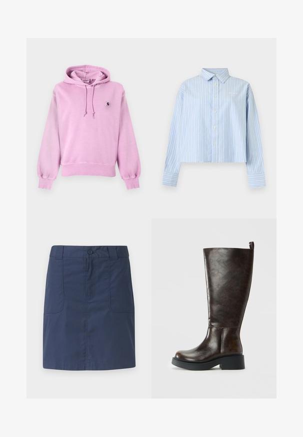 Lichtpaarse pullover hoodie met trekkoorden, geribbelde manchetten en zoom, en een klein zwart-wit Carhartt-logo op de borst.; Lichtblauw shirt met lange mouwen met witte verticale strepen, een kraag, knoopsluiting aan de voorkant en brede manchetten tegen een effen achtergrond.; Marineblauwe katoenen rok met knopen aan de voorkant en riemlussen, voorzien van twee grote opgestikte zakken aan de voorkant en een rechte zoom.; Donkerbruine leren kniehoog laars met een ronde neus, stevige zwarte zool, lage blokhak en een trekknoop aan de bovenkant achter.