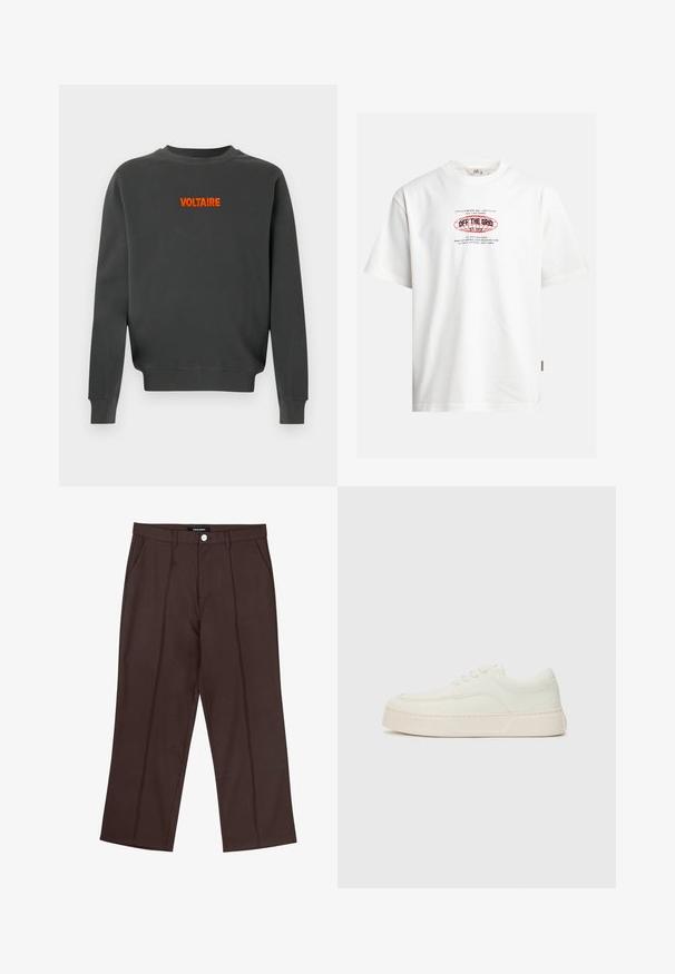 Mørkegrå crewneck-sweatshirt med lange ærmer og lyseorange "VOLTAIRE"-tekst centreret på brystet.; Hvid T-shirt med korte ærmer med rød og sort tekst "OFF THE GRID" indeni et rødt ovalt gitterdesign samt ekstra lille tekst over og under.; Brune lige ben bukser med frontfolder, lommer i siden, bæltestropper og en mærke knaplukning i taljen.; Hvide sneakers med en glat læderoverdel, rund tå, tyk sål og minimale syninger. Har flade snørebånd og struktureret sål.