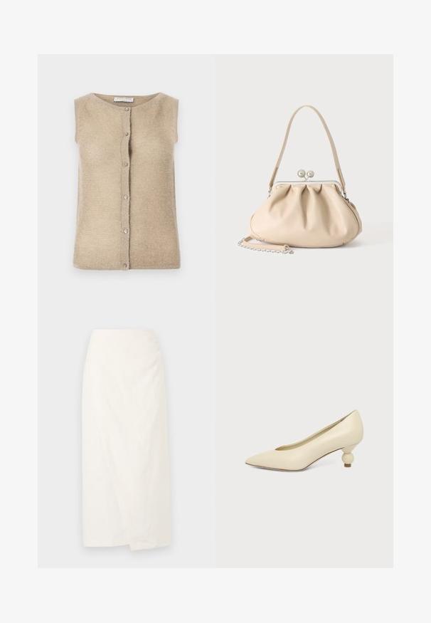 Beige ärmellose Strickjacke aus weichem Strickmaterial, mit rundem Ausschnitt und vorderer Knopfleiste mit silberfarbenen Knöpfen.; Weißer knielanger Rock aus leichtem Stoff, mit Wickeldesign und samtiger, strukturierter Oberfläche. Schlichte, klare Linien ohne Verzierungen.; Damenpumps in cremefarben mit spitz zulaufender Schuhspitze und niedrigem, kugelförmigem Absatz vor einfarbigem Hintergrund.; Beige weiche Lederhandtasche mit silbernem Metallrahmenverschluss, einem Schulterriemen und einem optionalen Kettenriemen auf weißem Hintergrund.