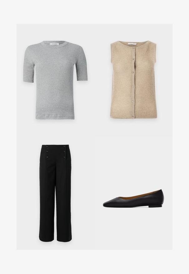 Beige mouwloze cardigan gemaakt van zacht breimateriaal, met een ronde halslijn en een voorste knoopsluiting met zilverkleurige knopen.; Grijze shirt met korte mouwen, gemaakt van ribbelstof. Heeft een ronde halslijn en een getailleerd ontwerp met schone randen en minimale details.; Zwarte wijde broek van gladde stof, met een hoge taille en vijf knopen aan de voorkant voor sluiting. Elegant, op maat gemaakt ontwerp.; Zwarte leren puntschoen met lage hak en gladde afwerking, zijaanzicht op een lichtgrijze achtergrond.