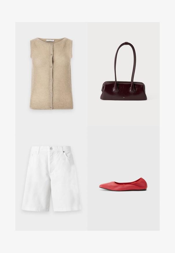 Cardigan sans manches beige en maille douce, avec un col rond et une fermeture à boutons à l'avant avec des boutons en ton argent.; Short en denim blanc avec passants de ceinture, bouton devant, fermeture éclair et deux poches avant, affiché sur un fond uni.; Filippa K REY FLATS - Ballerines - bright red; Sac à main en cuir brun foncé brillant avec de longues anses fines et une base rectangulaire structurée sur un fond clair uni.