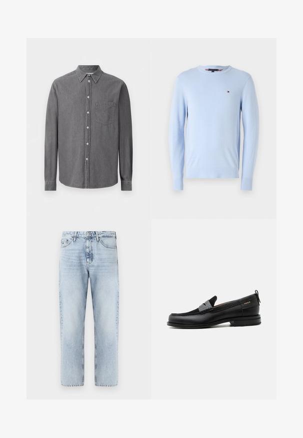 Pull en tricot bleu clair avec des manches longues, un col rond et un petit logo sur la poitrine. Texture douce et coupe standard.; Chemise à manches longues grise à boutons, en tissu doux, avec un col classique, une poche poitrine et une fermeture à boutons standard.; Jean en denim bleu clair avec une coupe droite, fermeture à bouton et design à cinq poches. Tissu texturé avec des détails délavés.; Mocassin en cuir noir avec détail de bride grise, talon bas et semelle texturée, marqué "HUGO" en or sur le côté.