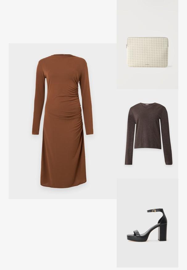 Brun V-hals langærmet sweater med enkel strikket tekstur og ribkant ved ærmer og kant, vist på en ensfarvet lys baggrund.; Brun langærmet kjole lavet af blødt stof, med en rynket side detalje og en afslappet pasform, med en lige kant og rund halsudskæring.; Sorte platform sandaler med en tykk blokhæl, glat lædermateriale, åbent tådesign og en ankelrem med en guldspænde detalje.; Lysebeige laptopærme med lynlås med subtilt hundetandsmønster og lille centreret brandlogo foran.