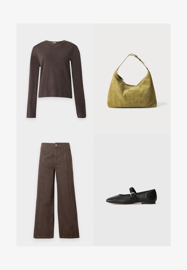 Pull marron col en V à manches longues avec une texture tricotée simple et des poignets et ourlet côtelés, présenté sur un fond clair uni.; Pantalons larges marron en tissu lisse, dotés de coutures sur le panneau avant et d'une fermeture à un seul bouton en métal à la taille.; Ballerines en cuir noir avec un embout pointu, une sangle avec une boucle et une semelle basse et plate. Texture lisse avec des éléments de design minimaux.; Sac à main en suède vert à forme hobo, avec une seule sangle et une texture lisse. Remarquable par son design minimaliste et sa silhouette incurvée.